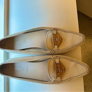 Vintage White Leather Prada Loafers w/ Wood Detail